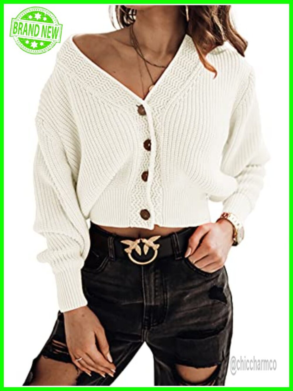 Womens Oversized Cropped Cardigan Chunky V Neck Short Knit Sweater